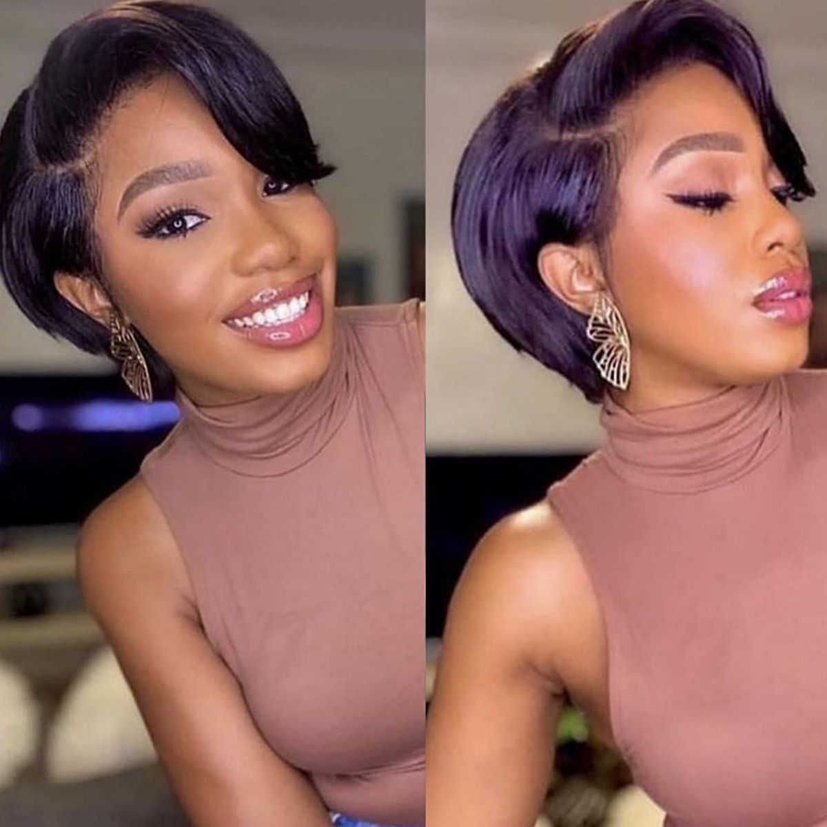 Glueless Human Hair Wigs Pixie Cut Straight Side Part 13x1 Lace Front Wigs 8 Inch