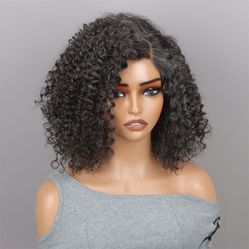 Seniors Medium Salt & Pepper Jerry Curly Bob Handmade 5x5 HD Lace Real Human Hair Wigs For Mom