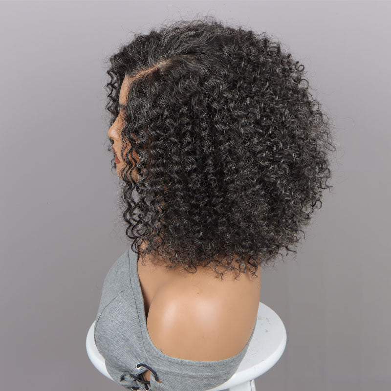 Seniors Medium Salt & Pepper Jerry Curly Bob Handmade 5x5 HD Lace Real Human Hair Wigs For Mom