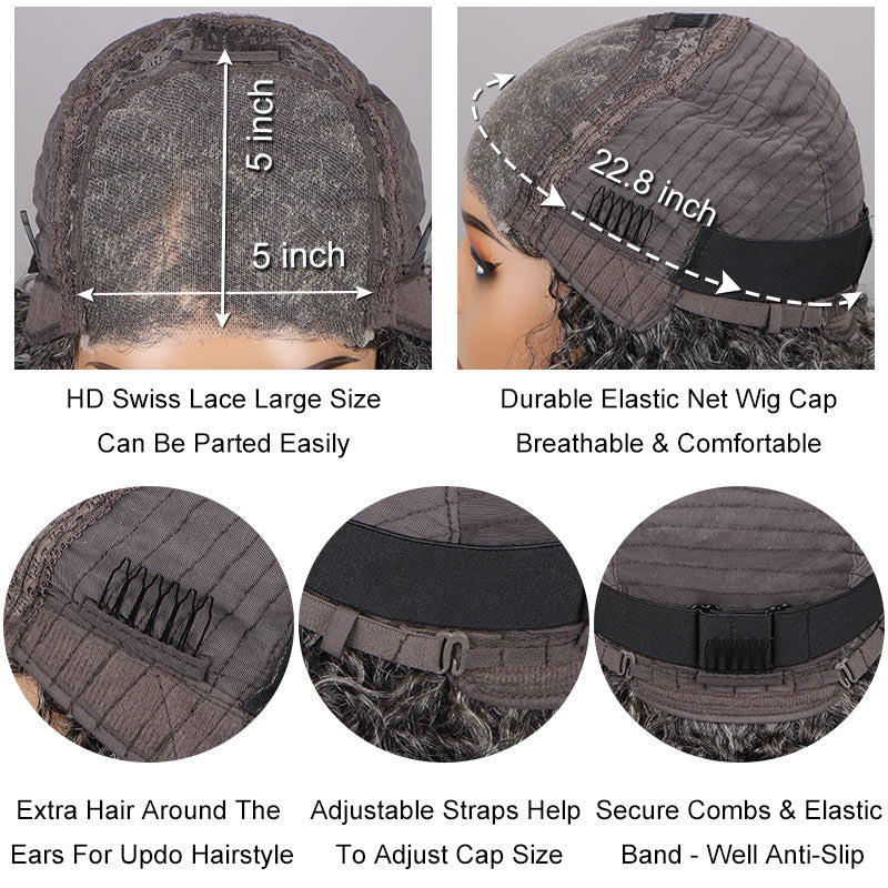 Attractive Seniors Salt And Pepper Human Hair Loose Wave Bob 5x5 HD Lace Wigs For Mom
