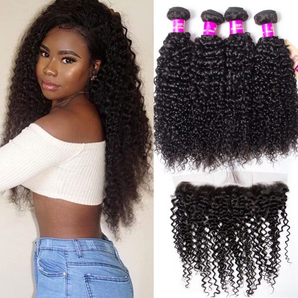 Tinashe Brazilian Curly Human Hair Weft With Frontal 100% Human Hair 4 Bundles With Frontal Brazilian Virgin Hair