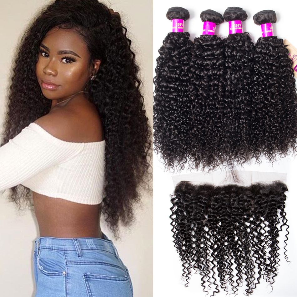 Brazilian Curly Human Hair Weft With Frontal 100% Human Hair 4 Bundles With Frontal Brazilian Virgin Hair