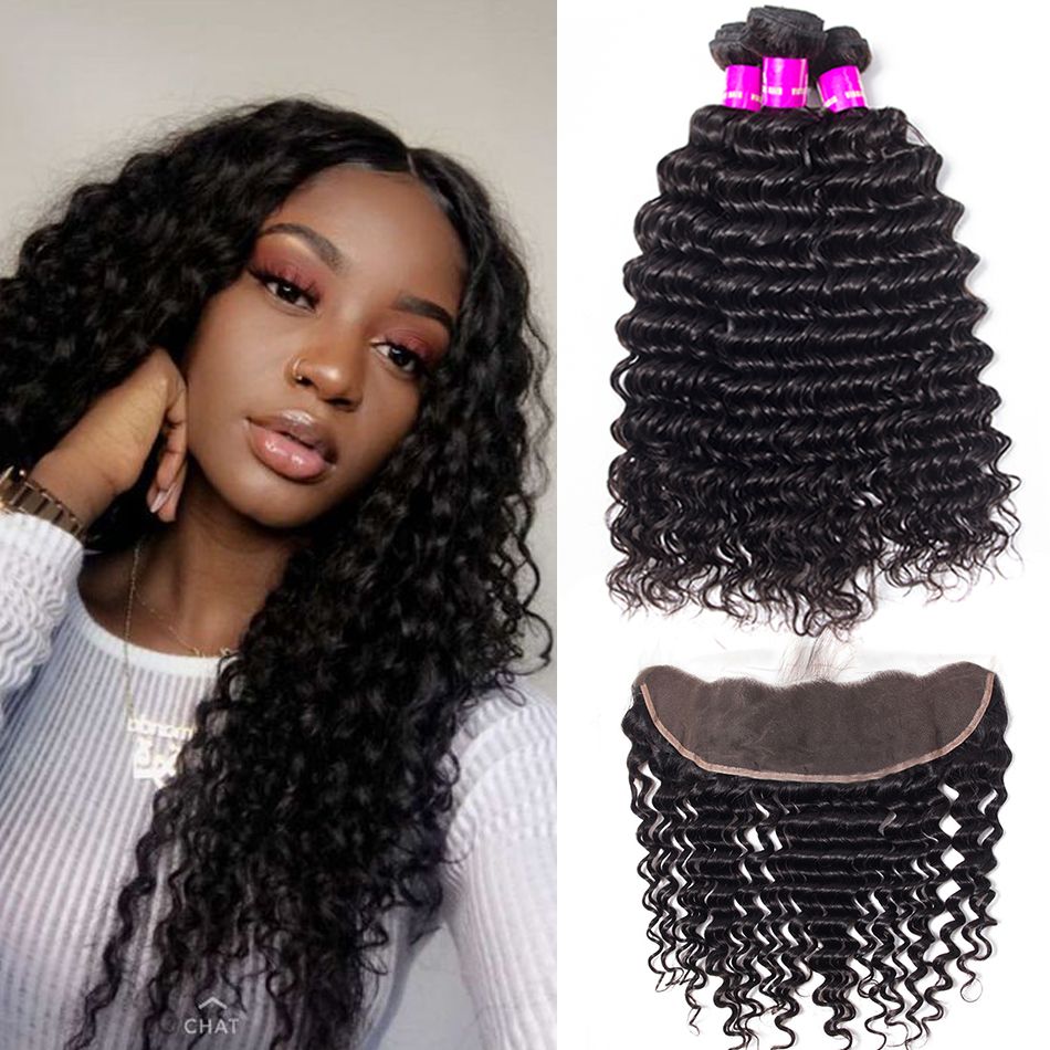 Brazilian Deep Wave With Frontal Hair 3 Bundles With Frontal Deep Curly 100% Virgin Human Hair