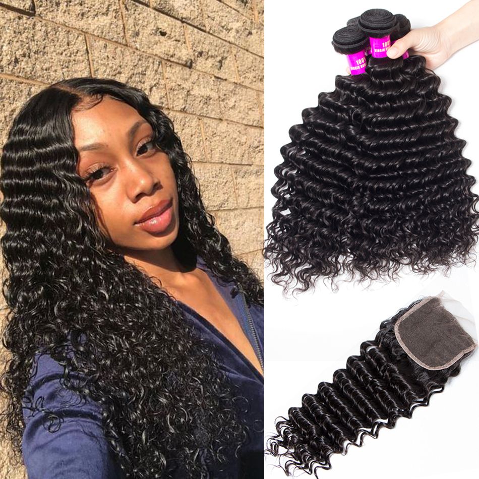 Brazilian Deep Wave With Closure Tinashe Hair 4 Bundles Human Hair Bundles With Closure Deep Wave Curly