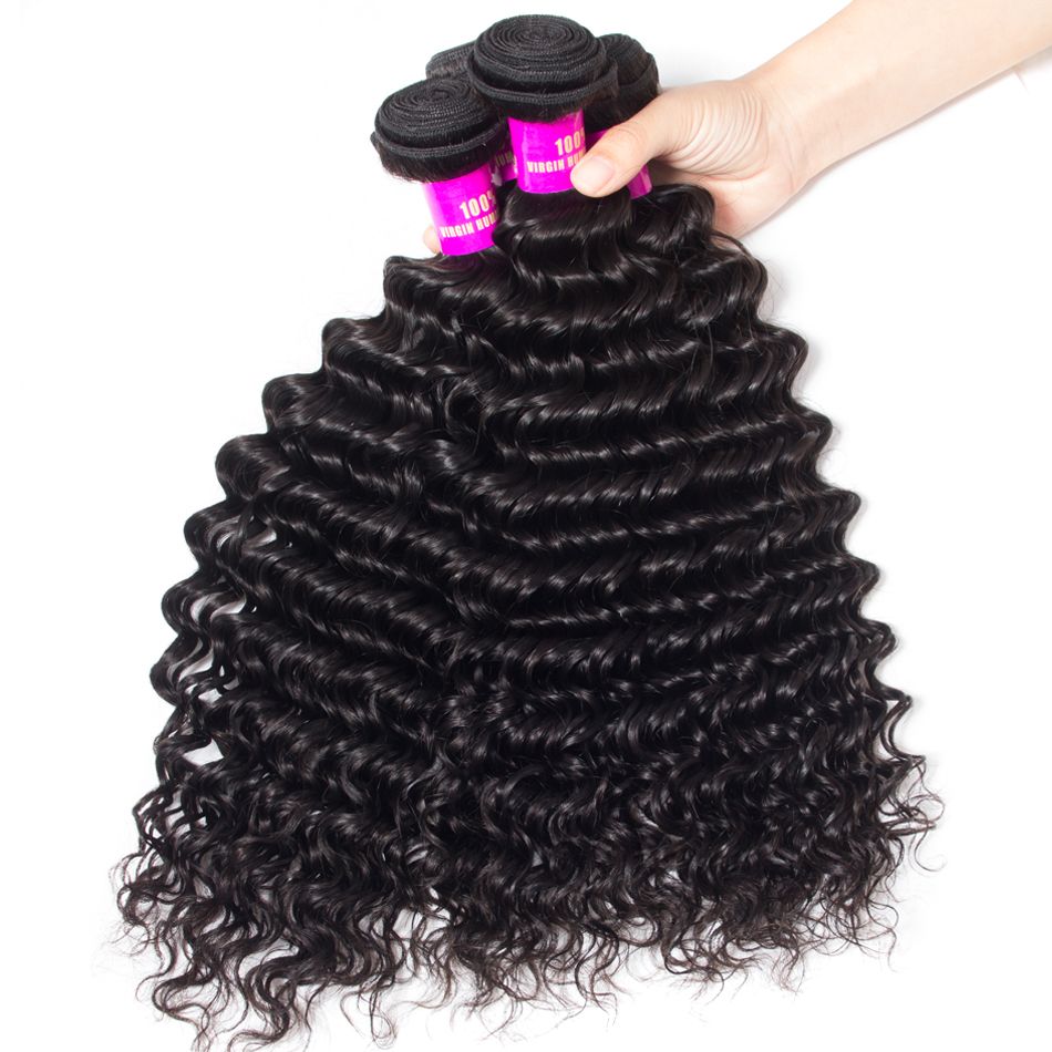 Deep Curly Hair Brazilian Hair Weave 4 Bundles Brazilian Deep Wave Virgin Hair Bundles Deal 1b# Natual Color