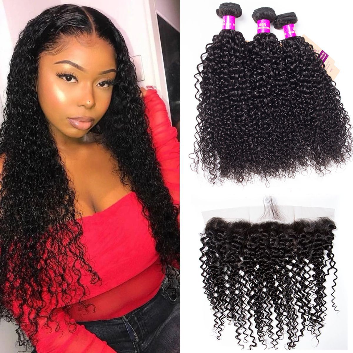 Curly Weave Human Hair 3 Bundle with 13x4 HD Lace Frontal Closure
