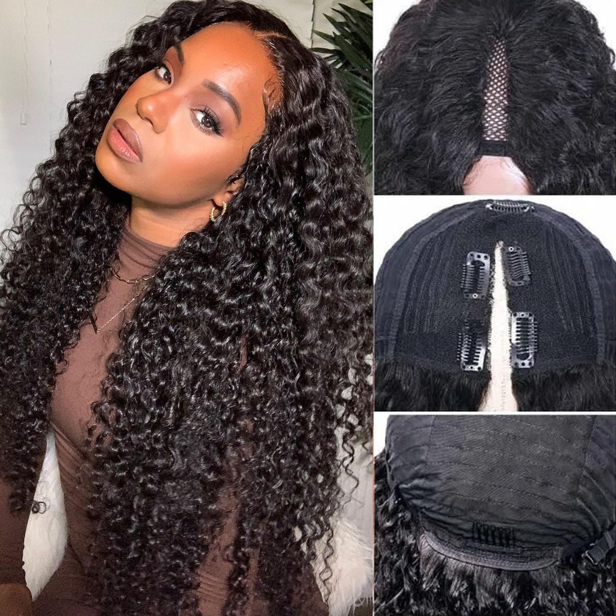 V Part Curly Wave Human Hair Wigs 180% Density
