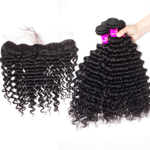 Brazilian Deep Wave With Frontal Hair 4 Bundles Human Hair Bundles With Frontal Deep Wave Curly