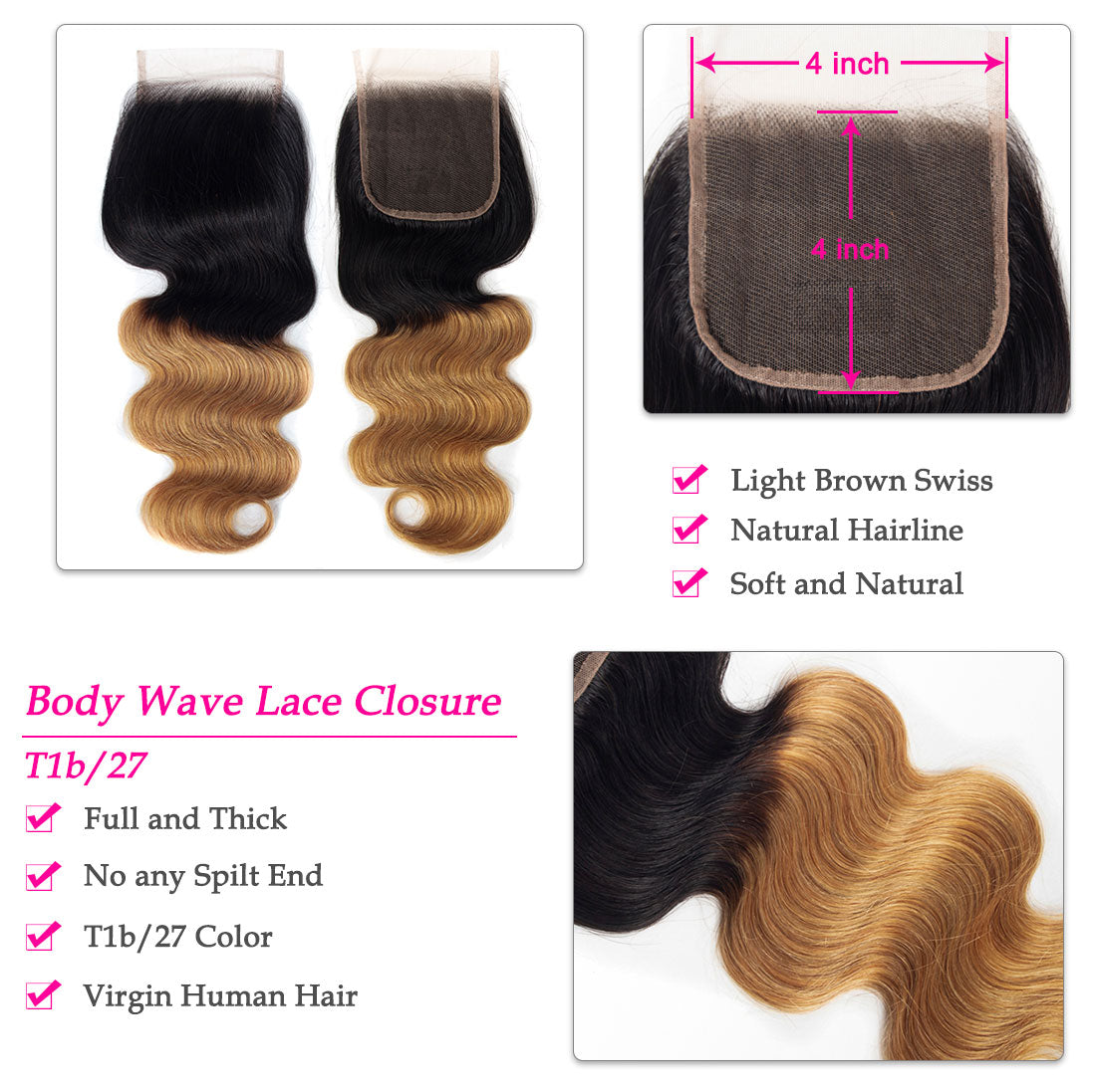 Ombre T1b/27 Brazilian Body Wave Bundles With Closure