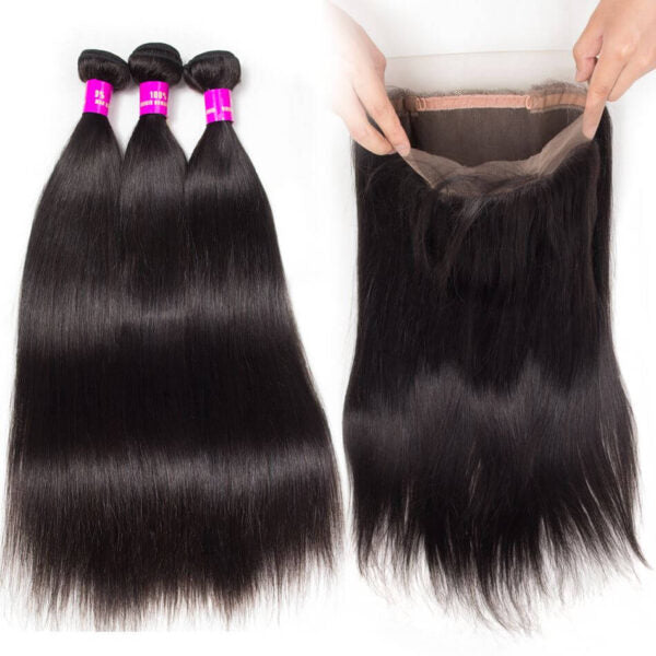 Brazilian Straight Hair 3 Bundles With 360 Frontal Brazilian Virgin Human Hair 360 Lace Frontal Closure With Bundles