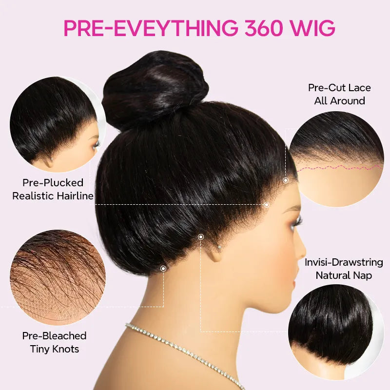 New Invisi-Drawstring Snug Fit 360 Lace Frontal Wigs Body Wave Human Hair With Bleached Knots