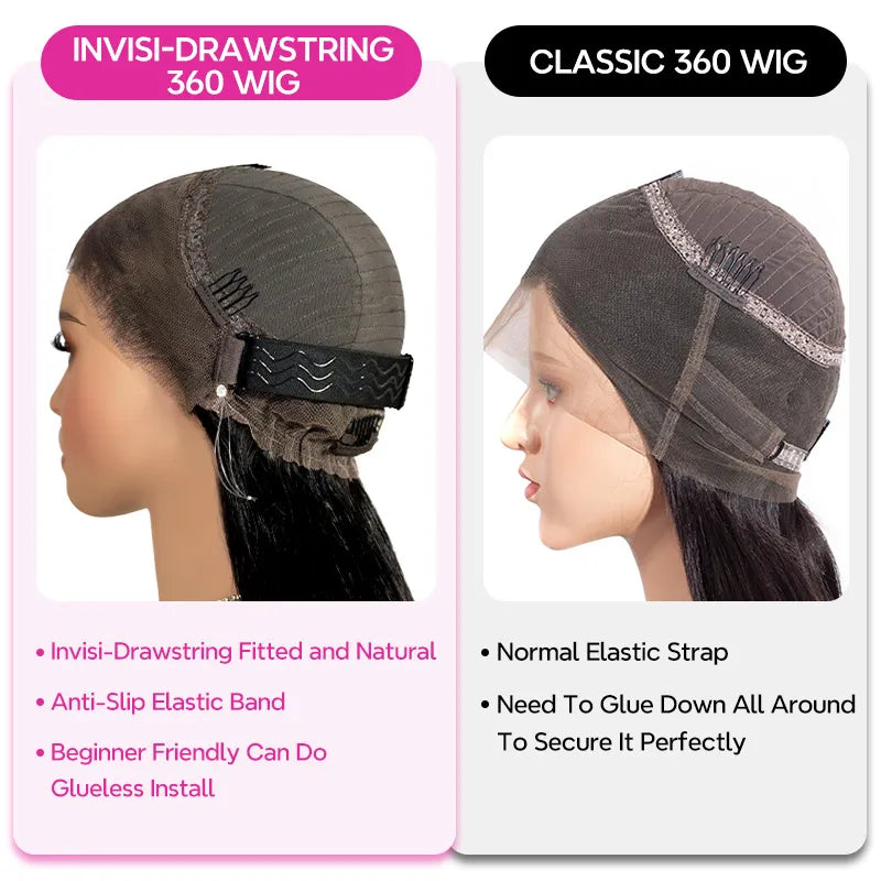 New Invisi-Drawstring Snug Fit 360 Lace Frontal Wigs Body Wave Human Hair With Bleached Knots