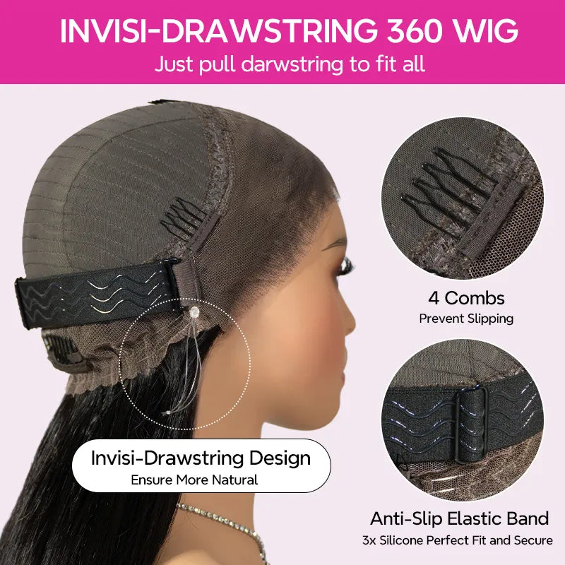 New Invisi-Drawstring Snug Fit 360 Lace Frontal Wigs Body Wave Human Hair With Bleached Knots