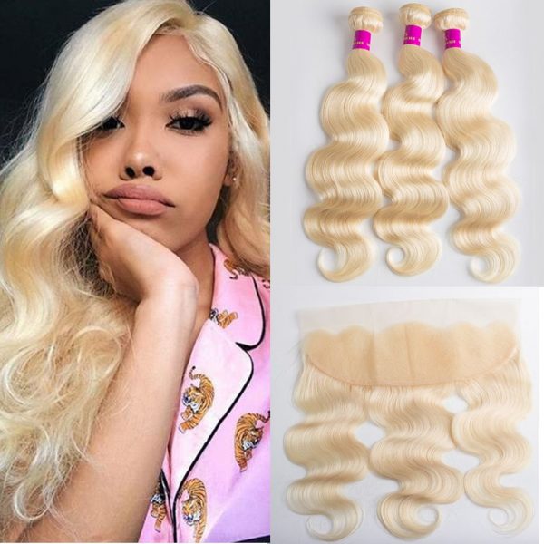 Hair Brazilian blonde bundle hair with lace frontal closure color 613 blonde body wave 3 bundles with frontal closure