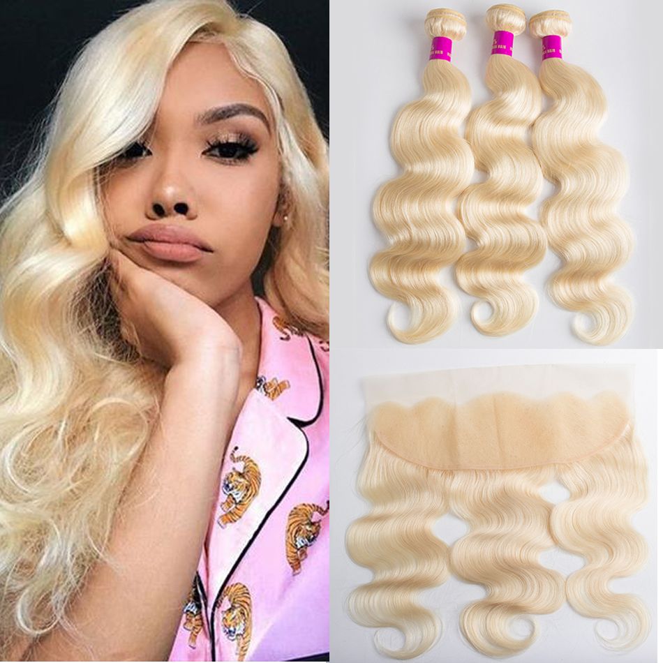 Hair Brazilian blonde bundle hair with lace frontal closure color 613 blonde body wave 3 bundles with frontal closure