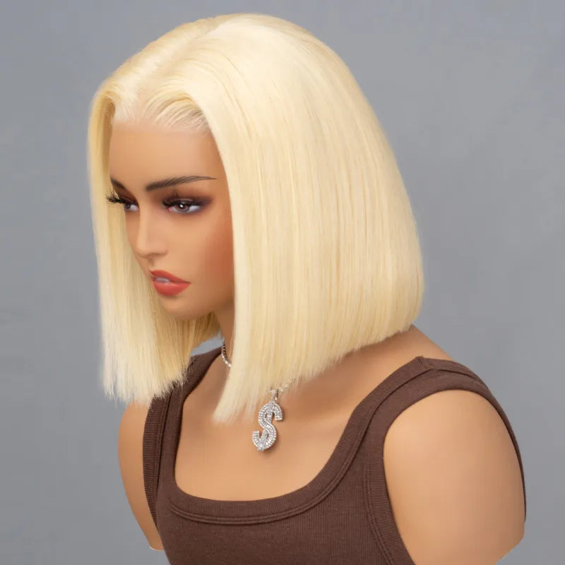 613 Blonde Straight Human Hair Lace Front Short Bob Wigs