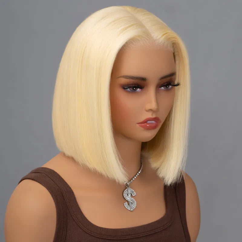613 Blonde Straight Human Hair Lace Front Short Bob Wigs