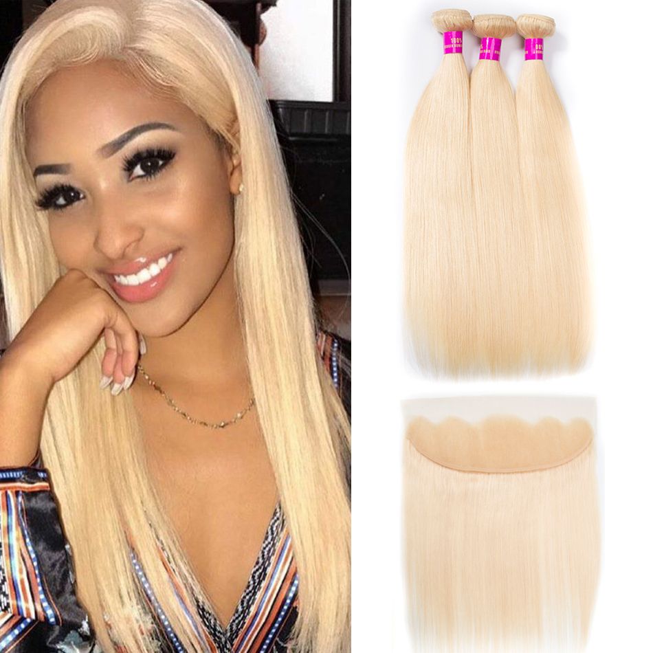 Curlymuse Hair Blonde Hair Bundles With Frontal Brazilian 3 Bundle Straight Hair With Frontal Lace Closure