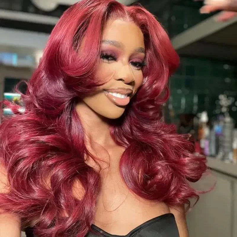 Curtain Bangs Layered Cut Reddish Brown 99j Body Wave Wig Glueless 6x5 Pre-Cut Lace Wig