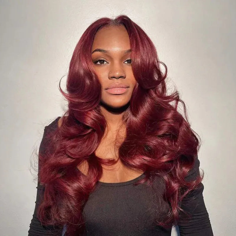 Curtain Bangs Layered Cut Reddish Brown 99j Body Wave Wig Glueless 6x5 Pre-Cut Lace Wig