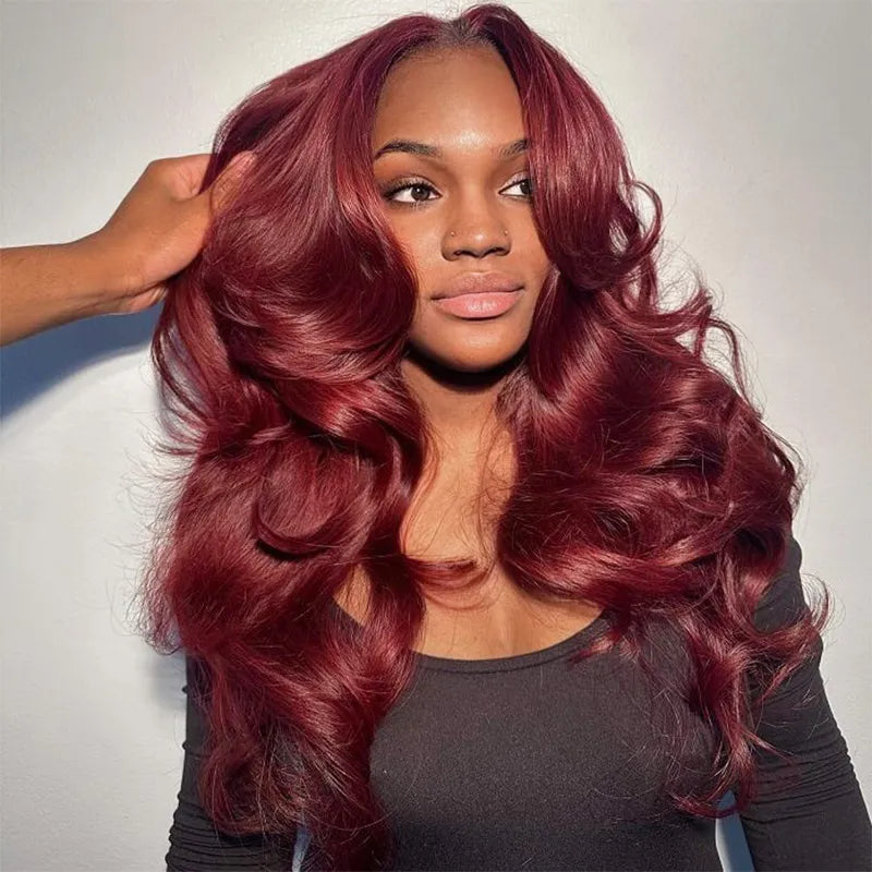 Curtain Bangs Layered Cut Reddish Brown 99j Body Wave Wig Glueless 6x5 Pre-Cut Lace Wig