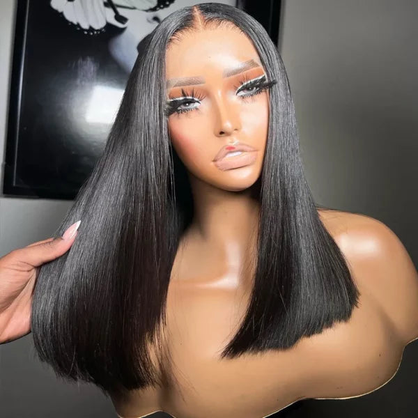 Blunt Cut Straight Wig Glueless Pre-Cut 6x5 Lace Closure Wig Bleached Knots Shoulder Length