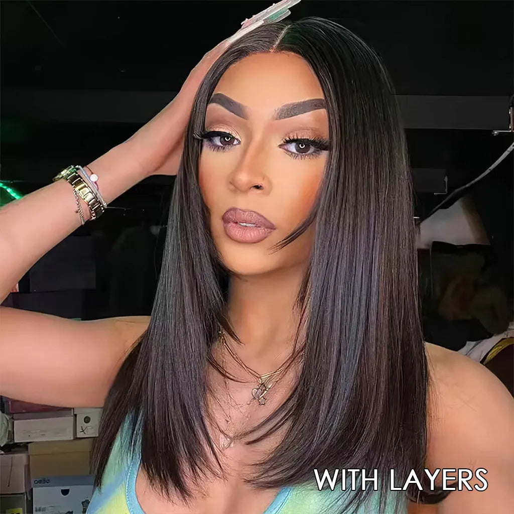 Blunt Cut Straight Wig Glueless Pre-Cut 6x5 Lace Closure Wig Bleached Knots Shoulder Length