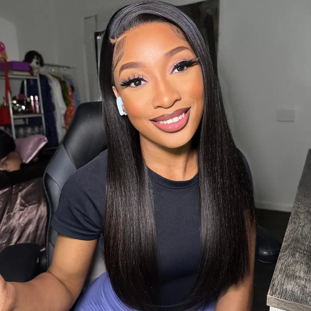 Blunt Cut Straight Wig Glueless Pre-Cut 6x5 Lace Closure Wig Bleached Knots Shoulder Length