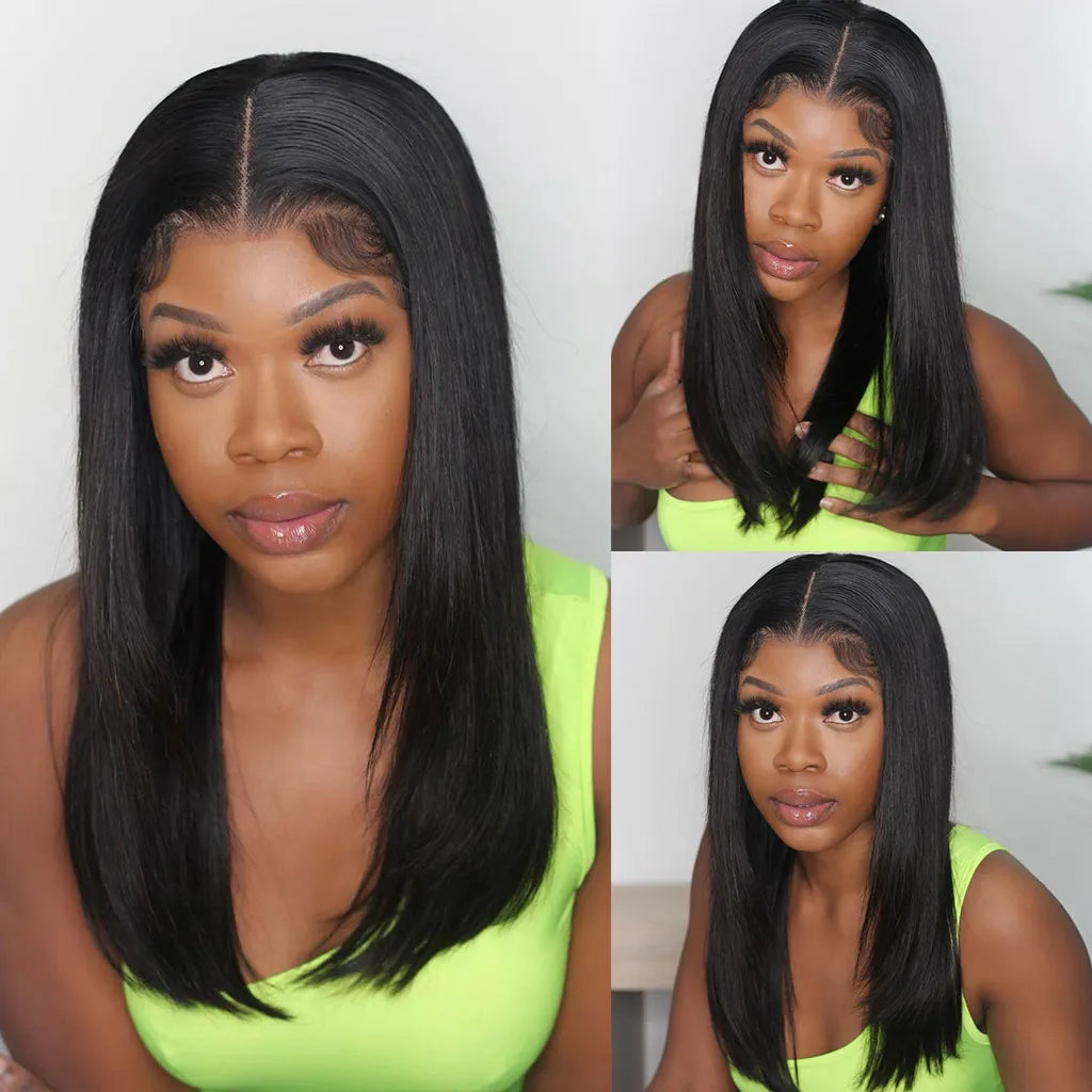 Blunt Cut Straight Wig Glueless Pre-Cut 6x5 Lace Closure Wig Bleached Knots Shoulder Length
