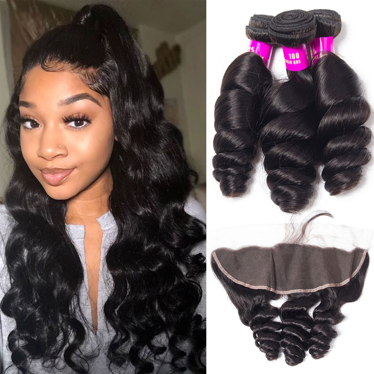 Hair With Frontal Brazilian Loose Wave 100% Brazilian Virgin Remy Hair With Frontal Spring Loose Curly 3 Bundles With Frontal