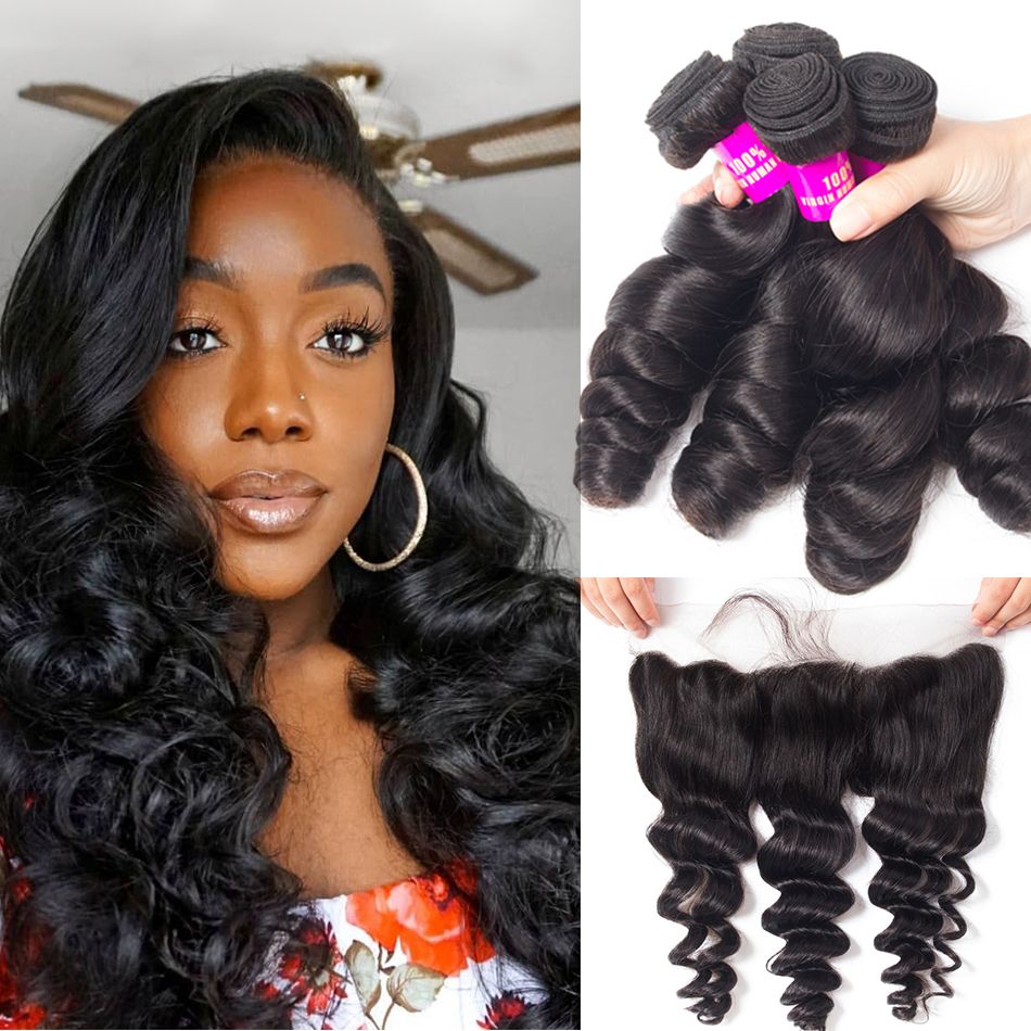 Virgin Hair Brazilian Loose Wave With Frontal Brazilian Remy Hair Spring Curly 4 Bundles Hair Weft With Frontal