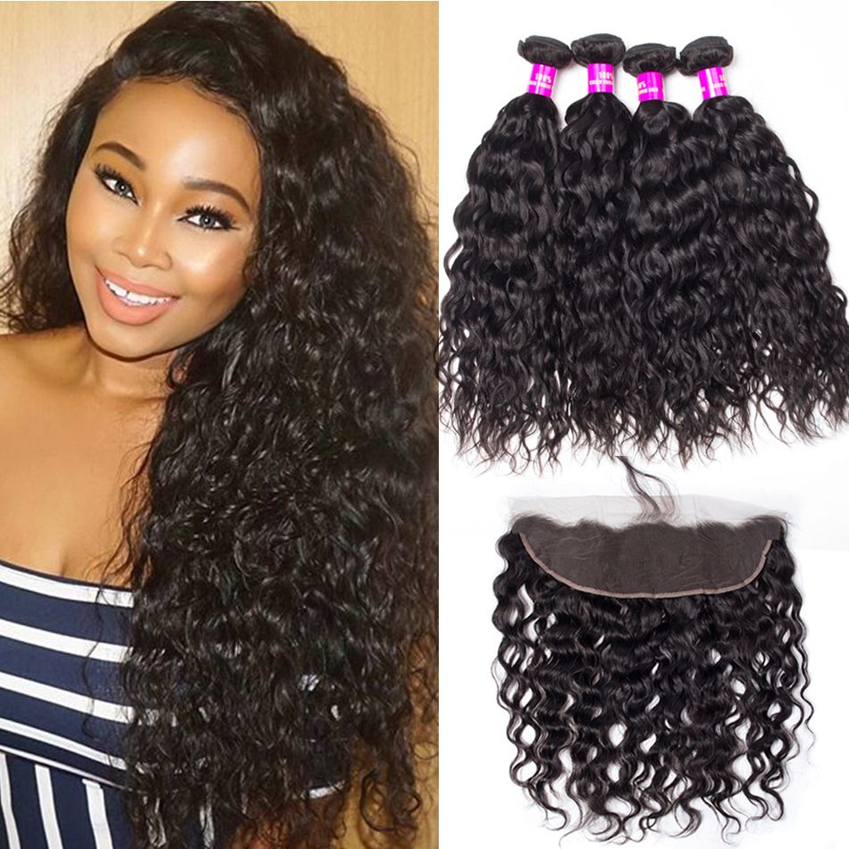 Wet And Wavy Human Hair Weave Bundles With Frontal Natural Color 4 Bundles Brazilian Water Wave With Frontal