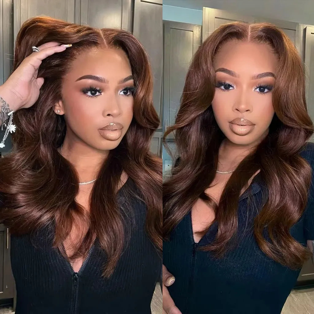 Chocolate Brown Body Wave With Curtain Bangs Wig Glueless 6x5 Pre-Cut Lace Wig