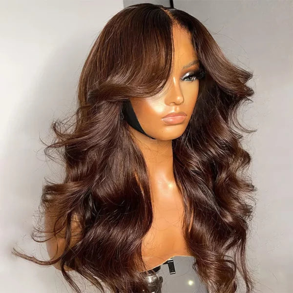 Chocolate Brown Body Wave With Curtain Bangs Wig Glueless 6x5 Pre-Cut Lace Wig
