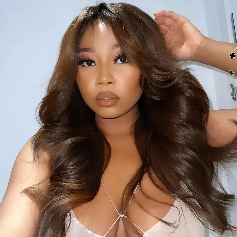 Chocolate Brown Body Wave With Curtain Bangs Wig Glueless 6x5 Pre-Cut Lace Wig