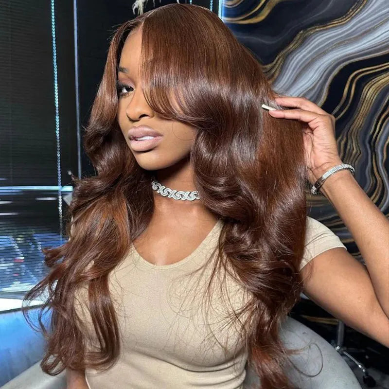 Chocolate Brown Body Wave With Curtain Bangs Wig Glueless 6x5 Pre-Cut Lace Wig