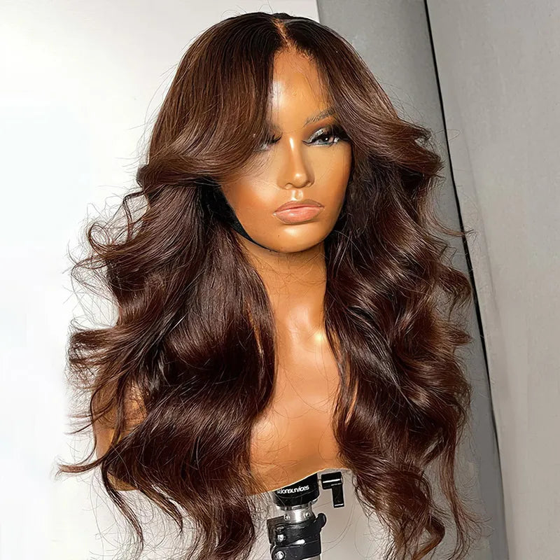 Chocolate Brown Body Wave With Curtain Bangs Wig Glueless 6x5 Pre-Cut Lace Wig