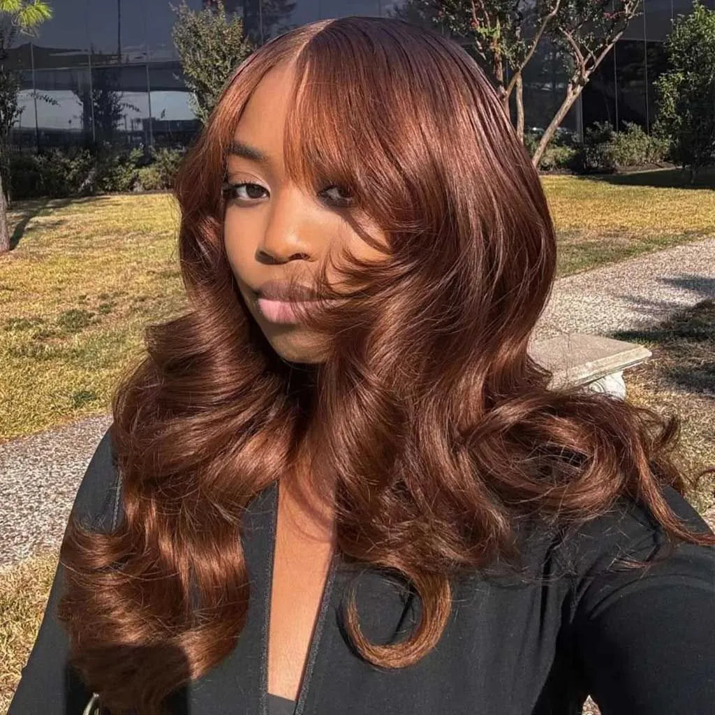Chocolate Brown Body Wave With Curtain Bangs Wig Glueless 6x5 Pre-Cut Lace Wig