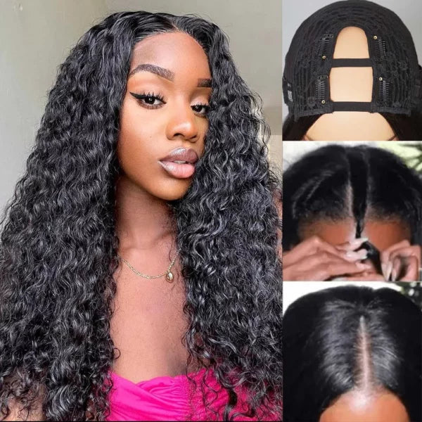 U Part Wig Deep Wave Human Hair Wig No Glue No Gel Easy Install