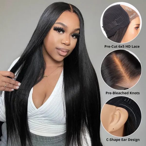 Wear & Go Glueless 6x5 Lace Wig Straight Wig Pre-Bleached Knots Pre-Cut Lace Wig