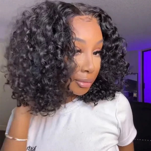 Upgraded 6x5 Glueless Lace Wig Bouncy Water Wave Short Bob Wig Pre-Cut Lace Bleached Knots