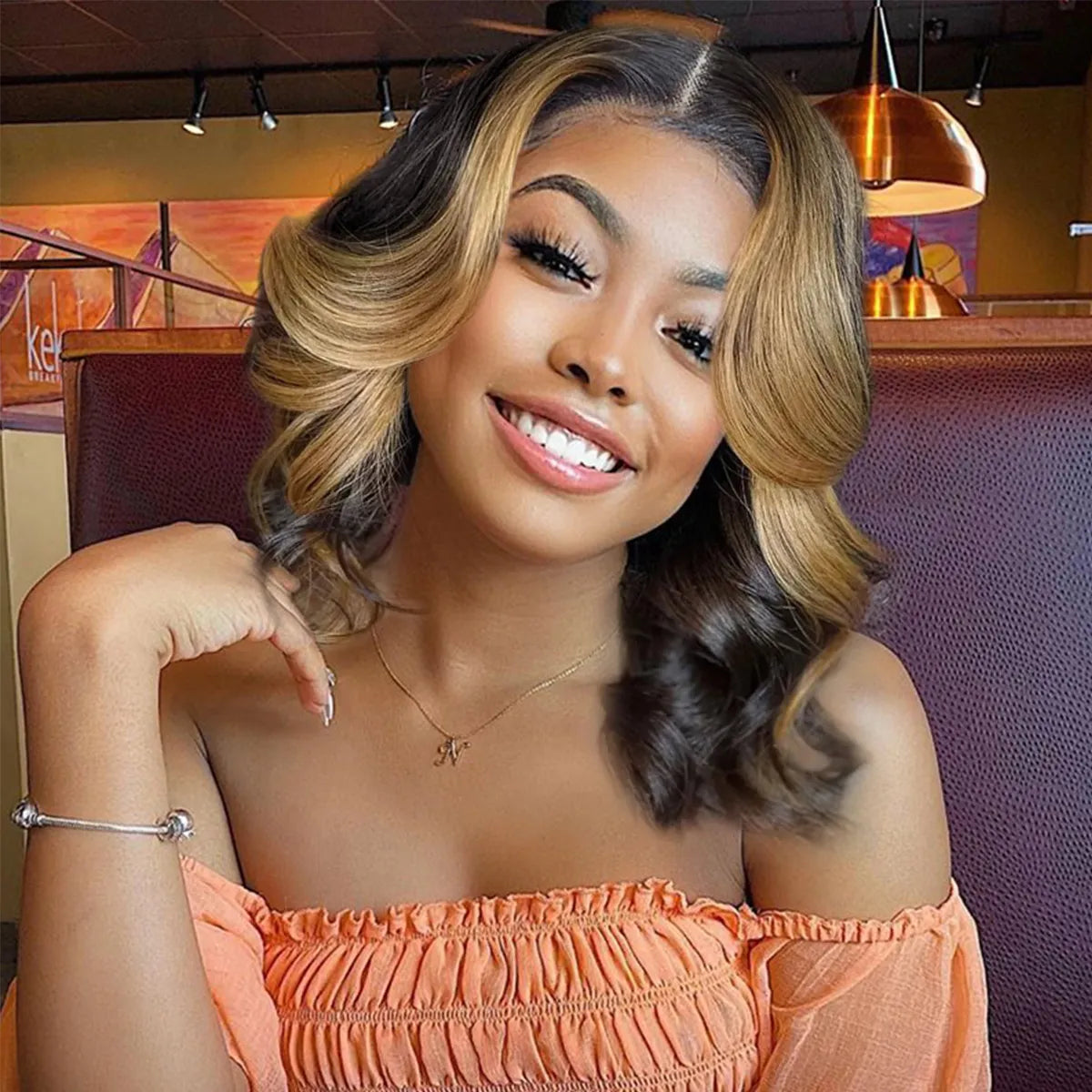 Glueless Highlight Brown Loose Body Wave With Skunk Stripe Pre-Cut 6x5 Lace Short Bob Wig