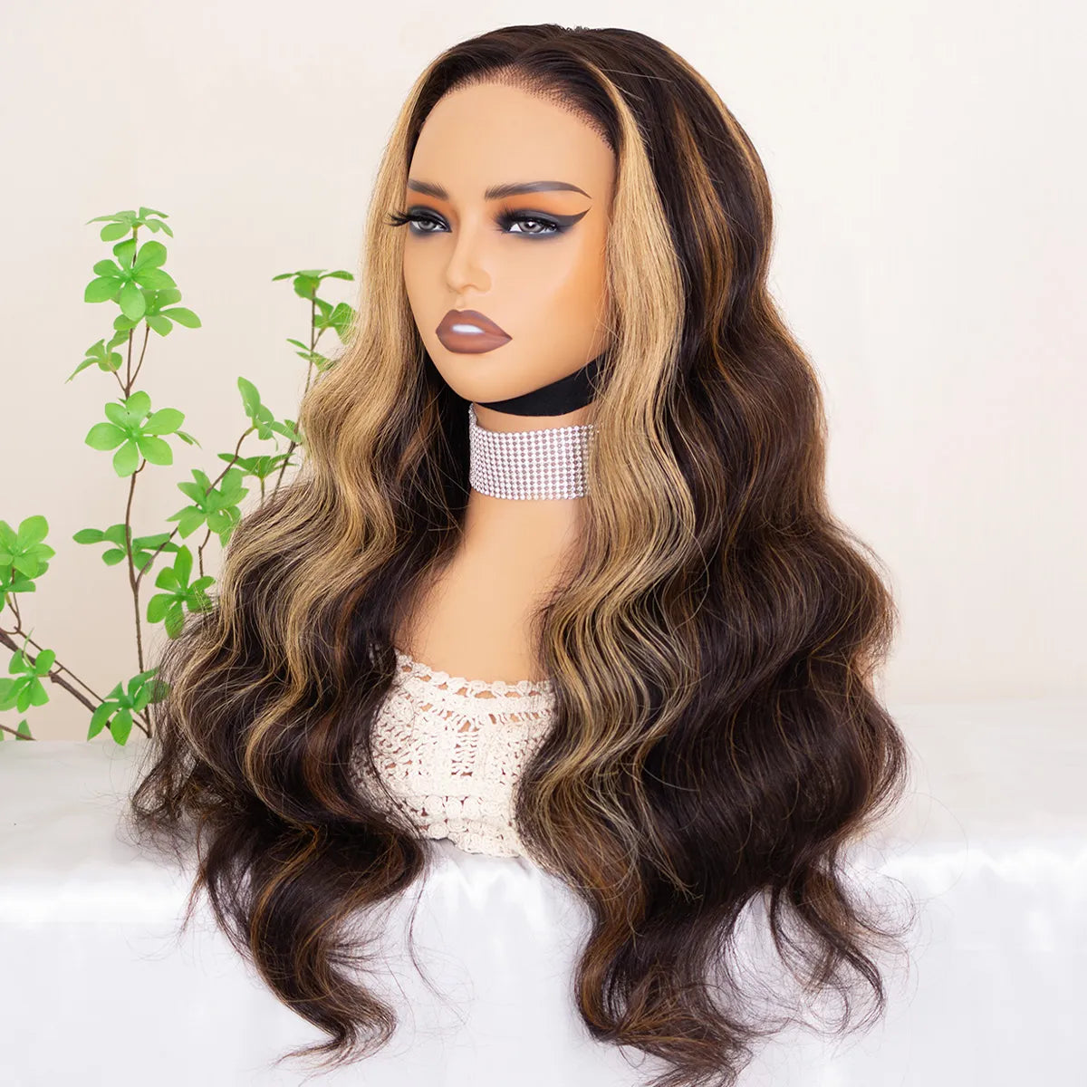 Glueless Highlight Brown With Honey Blonde Skunk Stripe Wig Pre-Cut 6x5 HD Lace & Bleached Knots