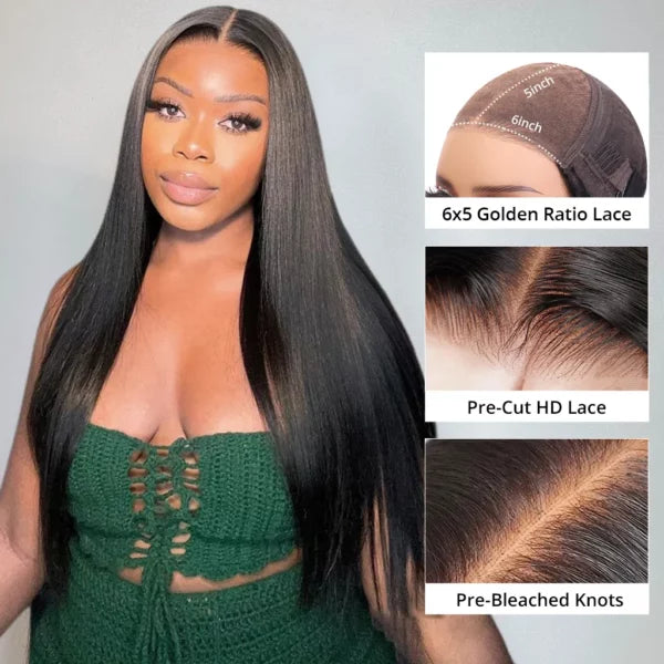 Ready To Go Glueless 6x5 Lace Closure Straight Wig Pre-cut HD Lace Wig Pre-Bleached Knots