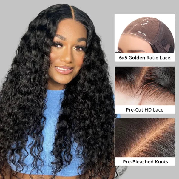 Ready To Go Glueless Pre-cut 6x5 Lace Wig Water Wave Pre-Bleached Knots HD Lace Closure Wig