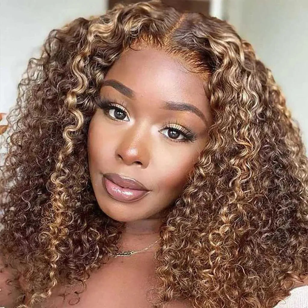 Highlight Honey Blonde Glueless Curly Bob Wig 6x5 HD Lace Wig Bleached Knots