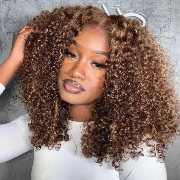 Highlight Honey Blonde Glueless Curly Bob Wig 6x5 HD Lace Wig Bleached Knots