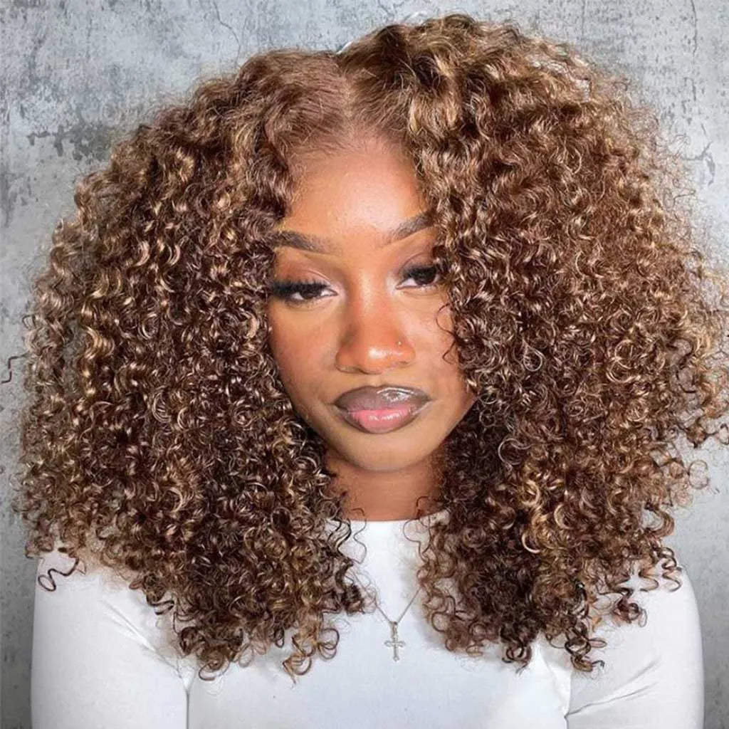Highlight Honey Blonde Glueless Curly Bob Wig 6x5 HD Lace Wig Bleached Knots