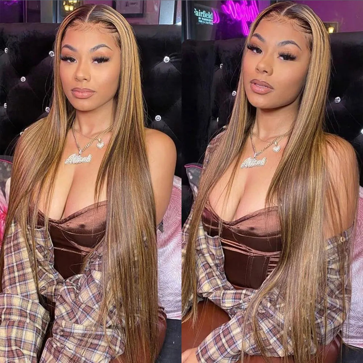 Highlight Honey Blonde Straight Hair Lace Front Wigs 180% Density