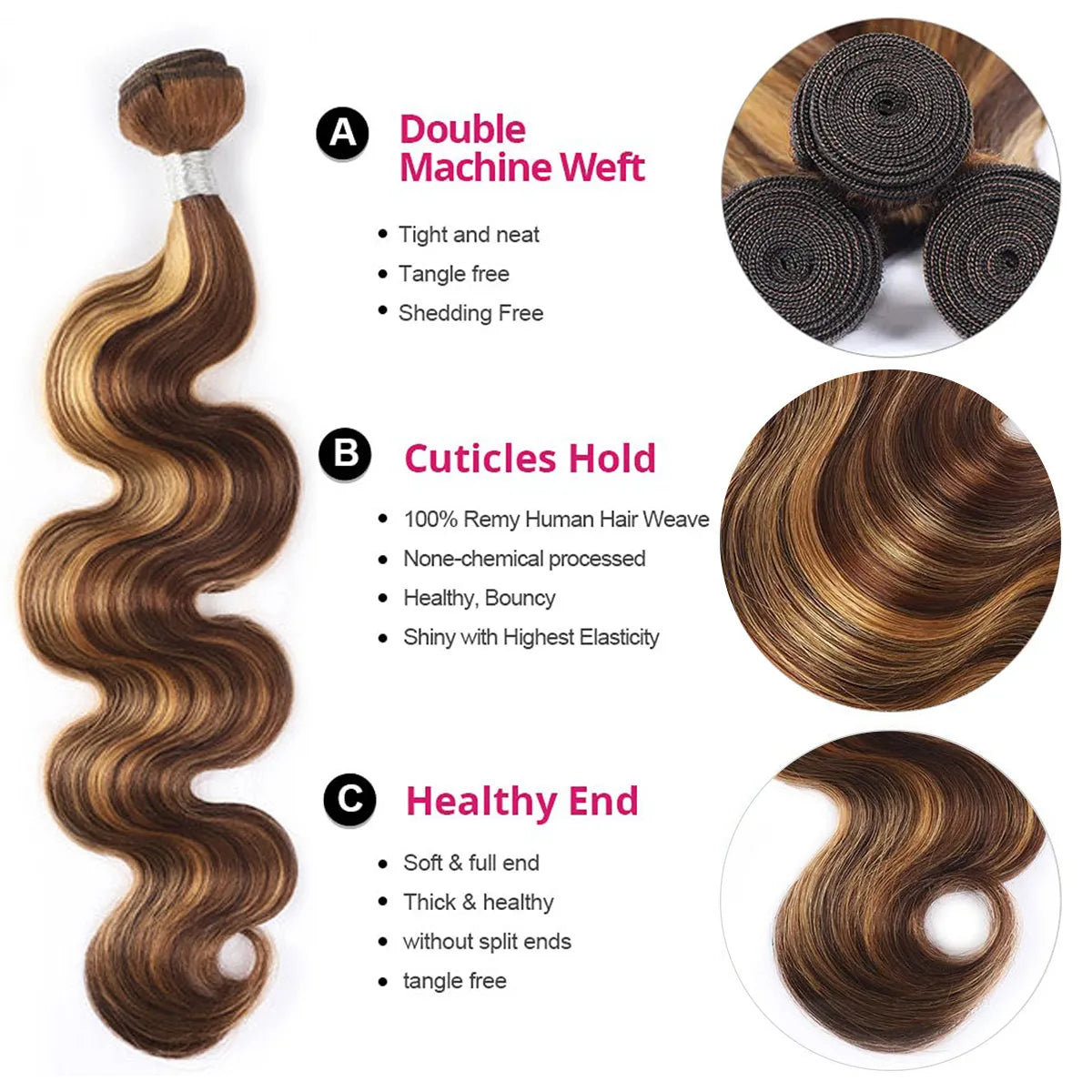 Highlight Honey Blonde Brazilian Body Wave 3 Bundles 100% Human Hair Weave